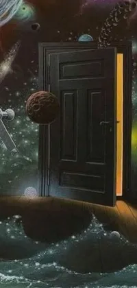 This phone live wallpaper depicts a surrealist painting of an open door that leads to an otherworldly space station