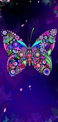 This phone live wallpaper showcases a mesmerizing butterfly encircled by vibrant blossoms and fluttering butterflies in a bold and beautiful purple and green color scheme