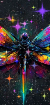 This live wallpaper features a colorful dragonfly sitting on top of a black surface