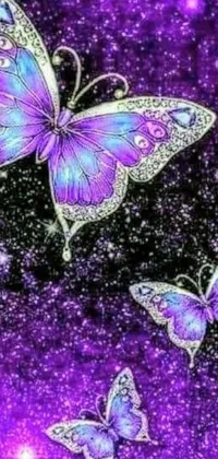 Transform your phone with this stunning live wallpaper! Featuring a mesmerizing galaxy backdrop, this digital art piece showcases a group of purple butterflies fluttering gracefully in the sky