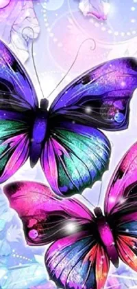 This phone live wallpaper features two realistic purple and blue butterflies rendered in ultra-realistic, 3D digital art by a prolific artist