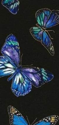 This live wallpaper features a group of blue and green butterflies on a black background