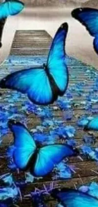 This phone live wallpaper showcases blue butterflies in flight against a peaceful backdrop, ideal for creating a tranquil atmosphere