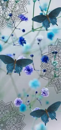 This phone live wallpaper showcases a digital rendering of butterflies resting on blue flowers amid arabesque and sacred geometry patterns