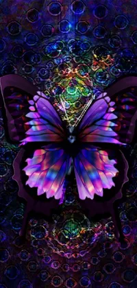 This phone live wallpaper features a stunning digital artwork of a purple butterfly perched on a multi-colored stained glass-style background