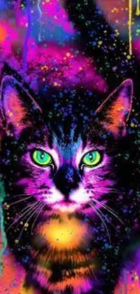 This live phone wallpaper showcases a magnificent painting of a cat with vivid green eyes, set against a stunning, detailed backdrop featuring a fantastic, psychedelic nebula of pinks, purples and blues