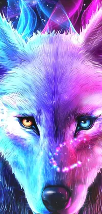 This stunning phone live wallpaper features a close-up of a wolf with striking blue eyes