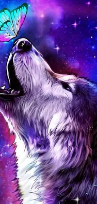 This phone live wallpaper boasts a stunning image of a wolf with a butterfly perched on its head against a backdrop of vibrant and psychedelic artwork and glistening stars