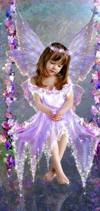 This live wallpaper showcases a fantasy world where a little girl swings in the water, surrounded by beautiful purple leather wings