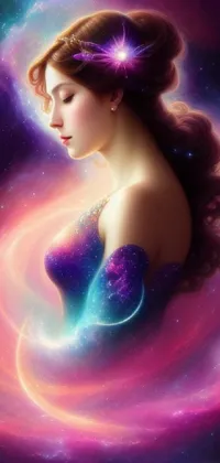 This live wallpaper for phone features a stunning digital art piece of a mesmerizing woman standing in front of a spiral galaxy