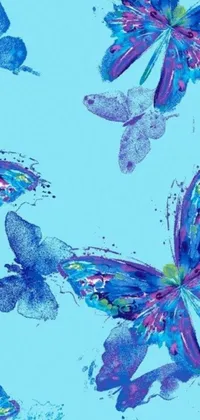 This mobile live wallpaper showcases a mesmerizing image of numerous purple and blue butterflies with intricate patterns flying on a calm blue background with lively paint splatters and splatters
