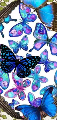 This phone live wallpaper boasts a colorful array of butterflies in shades of blue, purple, and aqua set against a white background