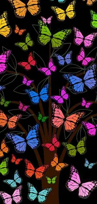 This stunning phone live wallpaper features a colorful butterfly-filled tree design