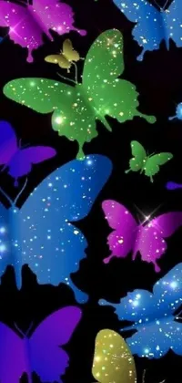 Adorn your phone screen with a stunning digital art live wallpaper featuring a bunch of colorful butterflies gracefully floating on a black background