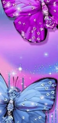 Looking for a gorgeous and enchanting phone live wallpaper? Check out this trending option by Lisa Frank! Featuring two purple butterflies sitting together amidst shimmering glitter crystals, this design boasts a pink and blue color scheme and animated butterfly wings