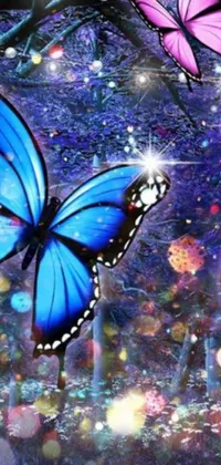 This live phone wallpaper features a group of colorful butterflies against a blue forest backdrop in a psychedelic art style