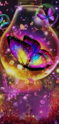 This lively mobile wallpaper showcases a spectacular glass jar that features an exquisite butterfly, which flutters its wings, creating a mesmerizing array of colors