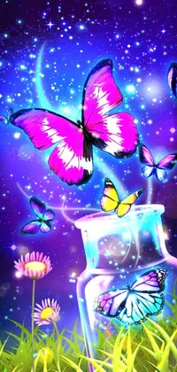 This live phone wallpaper features a picturesque scene of a vase overflowing with butterflies sitting on a lush green field