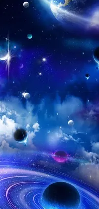 This live wallpaper features a stunning digital art image of a space scene, showcasing planets and stars amidst a dreamy, heavenly cloudy sky