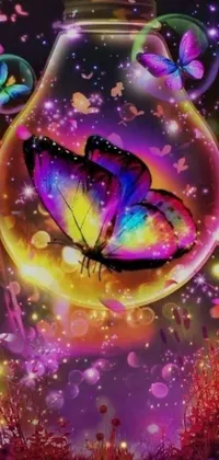 This live wallpaper features a jar with a fluttering butterfly, designed in a psychedelic and colorful Lisa Frank style