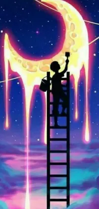 This phone live wallpaper is a psychedelic masterpiece, featuring a man on a ladder painting the moon in bright hues of blue, pink, and purple