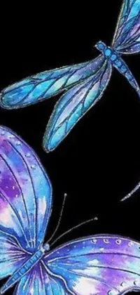 Enhance your phone with this mesmerizing live wallpaper featuring two purple and blue butterflies against a dark background in the art nouveau style