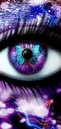 This phone live wallpaper is a stunning display of digital art; featuring a close-up of a butterfly on an eye that is intricately detailed with purple sparkles adding a touch of glamour