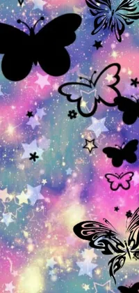 This phone wallpaper features a bunch of colorful butterflies flying in the sky against a starry background