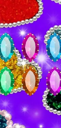 Introducing a remarkable phone live wallpaper that features a plethora of multi-colored jewels on a stunning purple backdrop