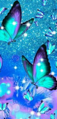 This phone live wallpaper features stunning digital art by Lisa Frank, showcasing purple and blue butterflies flying gracefully across a turquoise background with hints of pink and green