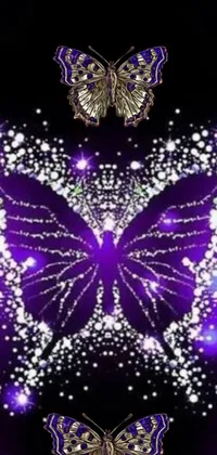 Experience the enchanting beauty of this phone live wallpaper - a mesmerizing purple and gold butterfly with big, glowing white wings fluttering against a black background