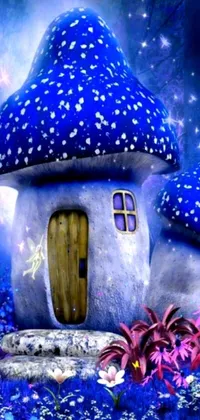 This digital art phone live wallpaper showcases a charming mushroom house amidst a lush forest illuminated by glowing blue mushrooms