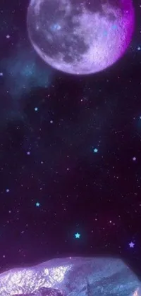 This live wallpaper depicts an intricate scene of a purple moon and stars shining bright against a dark sky