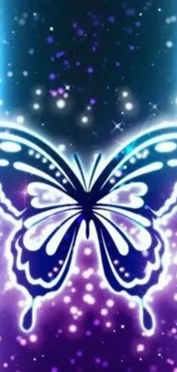 Enter a world of wonder with this stunning live wallpaper featuring a shimmering butterfly perched atop a captivating purple and blue background