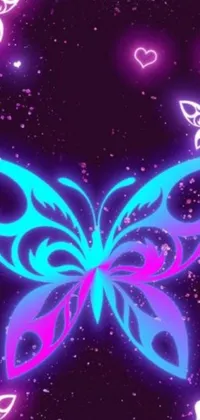 This live wallpaper showcases a beautiful purple and blue butterfly amid a vibrant digital heart backdrop