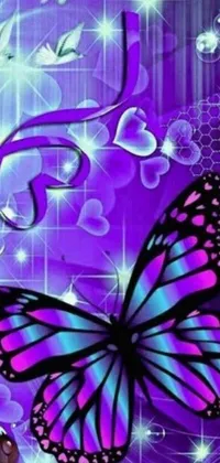 This phone live wallpaper showcases a purple butterfly sitting gracefully on a purple flower, all set against a magical and sparkling background