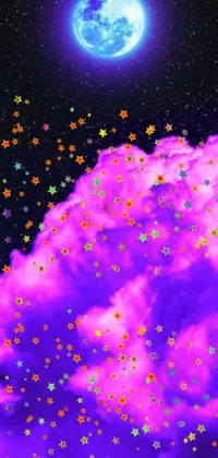 This digital live wallpaper features a Lisa Frank-inspired sky with bright stars and a full moon