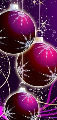 This Christmas-themed live wallpaper displays three colorful balls hanging on a string over a purple background