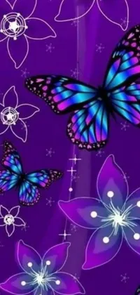 This live wallpaper is a combination of vibrant butterflies and stunning flowers set against a mesmerizing purple backdrop