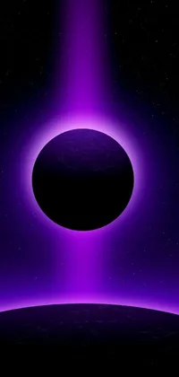 This live wallpaper showcases a digital rendering of a black hole in the sky, featuring a black sun orbited by a purple eclipse
