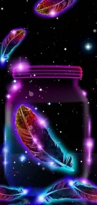 This phone live wallpaper features a stunning jar filled with colorful feathers that float in the air, complemented by space-inspired artwork and a dazzling constellation of stars