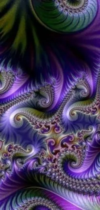 This live wallpaper features a mesmerizing computer-generated design of purple and green swirls with intricate fractal details, spiky tentacles, smooth curvatures, and glowing neon accents