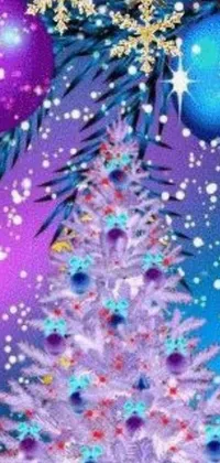 Enjoy a stunning Christmas-themed live wallpaper on your mobile phone featuring a gorgeously decorated tree with purple and blue ornaments