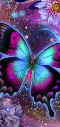 This lively phone wallpaper features a colorful butterfly and floral design in shades of purple, pink, and blue