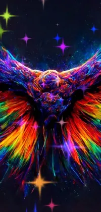 This phone live wallpaper features a stunning image of a colorful bird soaring through the night sky