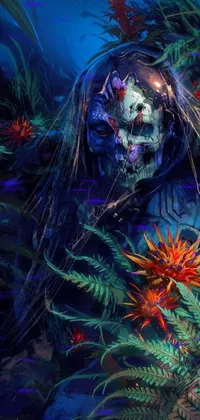Experience a stunningly mysterious live wallpaper with a dark blue painted skeleton surrounded by cyberpunk-inspired plants, overgrown with flourishing flowers and vines