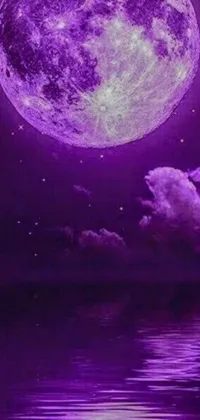 This phone live wallpaper is a stunning and mystical scene featuring a purple full moon reflecting in the water