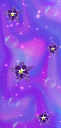 This live wallpaper for phones features an enchanting digital art design of purple flowers floating amidst a soap bubble background with glittering particle animations