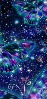 Introducing a stunning live phone wallpaper of purple and blue butterflies gliding through the night sky