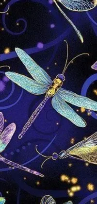 This phone live wallpaper showcases a mesmerizing digital art piece with a group of luminescent dragonflies sitting on top of a blue background